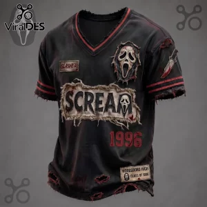 Scream Ghostface Slasher Horror Movie T-Shirt 2026 features distressed black fabric, graphic patches, and a bloody knife.