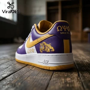 Omega Psi Phi Purple and Gold Premium Air Force 1 shoes featuring Greek lettering, a bulldog emblem, and white midsoles.