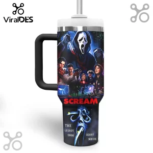 Scream Horror Movie 40oz Stanley Tumbler featuring Ghostface character art, film cast collage, and movie logo text.