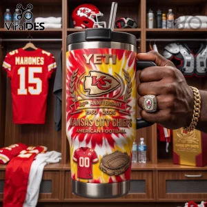 Kansas City Chiefs Tie-Dye 66th Anniversary Stanley Tumbler with red and yellow swirls, logo, and stadium graphics.