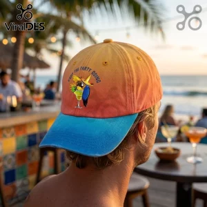 Tropical Parrot Margarita Embroidered Baseball Cap features a blue parrot wearing a sombrero next to a margarita glass.