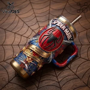 Spider-Man Marvel 64th Anniversary Stanley Tumbler featuring red and blue colors, spider web textures, and a hero emblem.