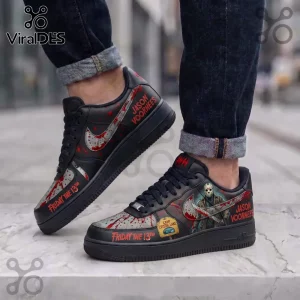 Jason Voorhees Horror Movie Custom Air Force 1 Shoes featuring black leather, blood splatter, and slasher movie graphics.