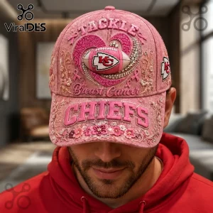 Kansas City Chiefs Breast Cancer Awareness Embroidered Cap in pink with heart, football graphic, and floral details.