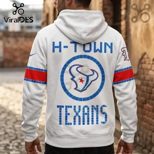 Houston Texans Nike Rivalries H-Town White Hoodie featuring blue block lettering and team logo on the back.