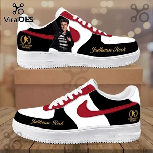 Elvis Presley Jailhouse Rock Air Force 1 Sneakers featuring black, white, and red leather with iconic singer graphics.