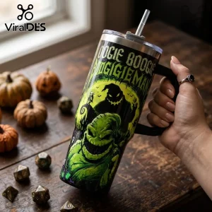 Oogie Boogie Nightmare Before Christmas 40oz Tumbler with green character graphic, straw, and black handle.