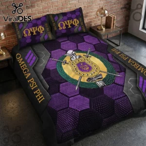 Omega Psi Phi Fraternity Purple Honeycomb 3-Piece Bedding Set featuring Greek letters and gold crest on a dark background.