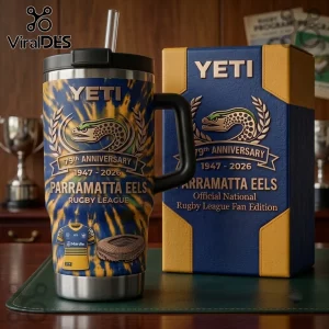 Parramatta Eels 79th Anniversary Tie-Dye 40oz Tumbler with team logo, stadium graphic, and blue and gold spiral pattern.