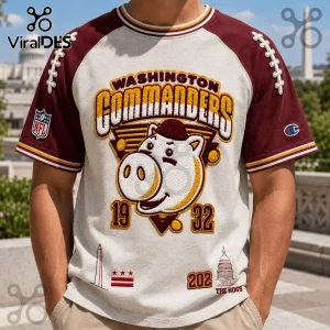 Washington Commanders Mascot Embossed Shirt with burgundy raglan sleeves, hog mascot graphic, and year 1932 embroidery.