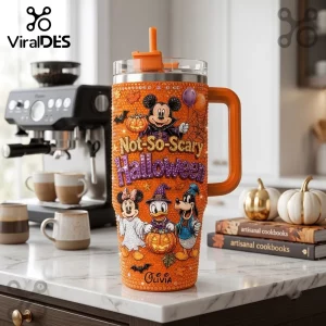Disney Mickey Mouse Not-So-Scary Halloween 40oz tumbler featuring rhinestones, characters, and custom name on marble counter.