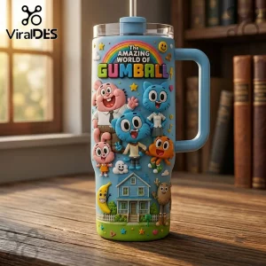 The Amazing World of Gumball Character Stanley Tumbler featuring Gumball, Darwin, and Anais on a light blue cup.