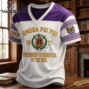 Omega Psi Phi 1911 Mascot V-Neck T-Shirt with white body, purple shoulders, Greek lettering, crest, and bulldog emblem.