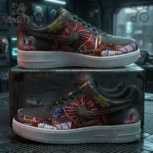 Iron Maiden Caught Somewhere In Time Air Force 1 Sneakers featuring Eddie graphic, cybernetic patterns, and white soles.