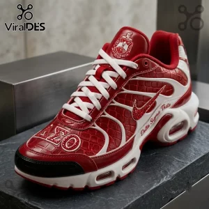 Delta Sigma Theta Crocodile Red Air Max Plus sneakers featuring embossed leather, Greek letters, and a white sole.
