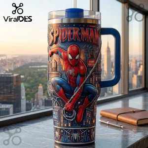 Spider-Man Daily Bugle stainless steel tumbler with handle features a comic-style New York cityscape design.