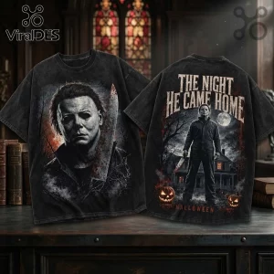 Michael Myers Halloween Horror Movie T-Shirt 2026 featuring a portrait and full-body graphic on washed black cotton fabric.