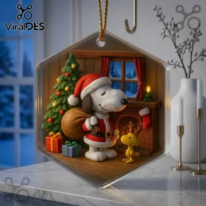 Snoopy and Woodstock Christmas Ornament 2026 inside a hexagon frame featuring Snoopy as Santa beside a lit fireplace.