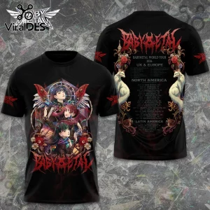 Babymetal World Tour 2026 Illustrated Black T-Shirt with anime-style band members on front and full concert dates on back.