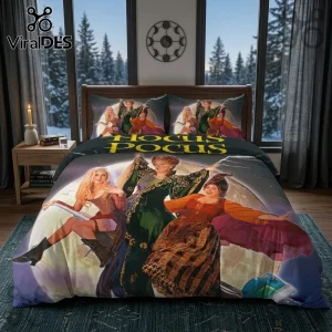 Hocus Pocus Sanderson Sisters bedding set featuring a large moon, green, orange, and purple hues on a soft fabric duvet.