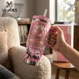 Elvis Presley 91st Anniversary Pink Stanley Tumbler with pink tie-dye pattern, logo, dancing Elvis, and pink car graphic.