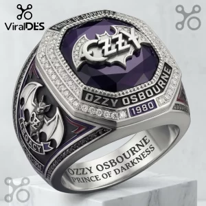 Ozzy Osbourne Prince of Darkness purple gemstone ring with silver bat logo, crystal accents, and 1980 engraving.