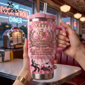 Elvis Presley 91st Anniversary Pink Stanley Tumbler with TCB logo, silhouette of Elvis dancing, and a vintage pink car graphic.