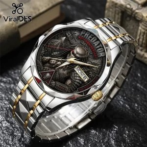 Predator 40th Anniversary Two-Tone Luxury Quartz Watch featuring a Yautja helmet face with gold and silver link band.