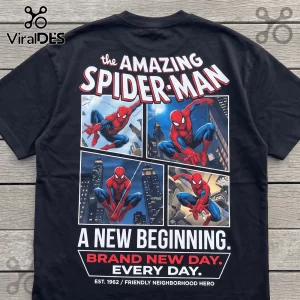 The Amazing Spider-Man Brand New Day black t-shirt featuring four comic panels of Spider-Man above city skyline graphics.
