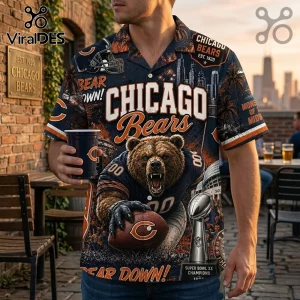 Chicago Bears 1985 Champions Hawaiian shirt featuring a bear graphic, football, and team logo on a dark navy fabric.