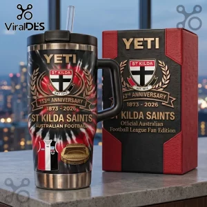 St Kilda Saints 153rd Anniversary YETI Stanley Tumbler with red and black tie-dye patterns and official AFL club logo.