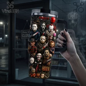 Spooky Horror Villains Halloween 2026 Tumbler 40oz featuring iconic cinema monsters in a 3D collage design.