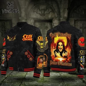 Ozzy Osbourne Prince of Darkness black bomber baseball jacket featuring graphic rock prints and red striped ribbed trim.