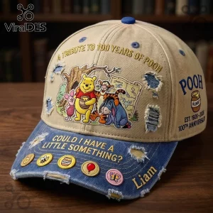 Winnie the Pooh Woodland Friends Distressed Baseball Cap in khaki and blue denim with embroidered character patches.