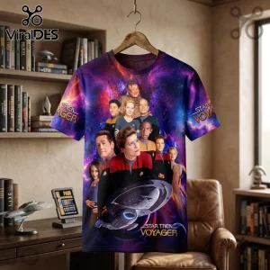 Star Trek Voyager Season 1 Episode Guide T-Shirt featuring a full-color space nebula background and the USS Voyager crew.