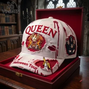 Queen Halloween Tour 2026 Blood Splatter Baseball Cap featuring band crest, distressing, and Freddie Mercury imagery in a box.