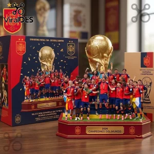Spain 2026 World Cup Acrylic Plaque featuring a golden trophy and the national football team on a red and gold display base.