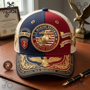 US Marine Corps Veteran Semper Fidelis Baseball Cap featuring embroidered military emblems, red and blue panels, and gold.