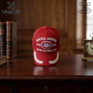 Montreal Canadiens 24 Stanley Cups snapback cap in red with embroidered white team logo, years 1909 and 2026, and laurel leaves.