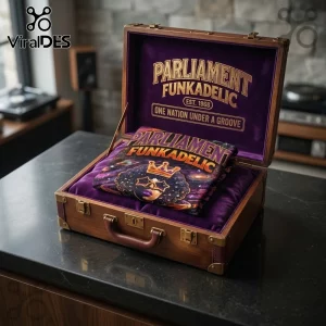 Parliament Funkadelic Mothership Spaceship shirt featuring galactic graphics in a velvet-lined wooden collector case.