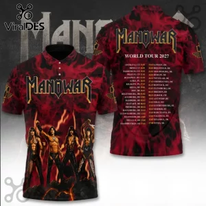 Manowar Red Flame World Tour 2027 Polo Shirt featuring band members on a black and red fire-patterned fabric background.