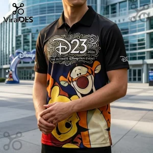 Disney Winnie the Pooh Mickey Mouse D23 2026 Polo Shirt featuring Tigger and Pooh character graphics on a black background.