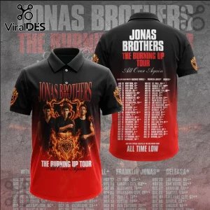 Jonas Brothers The Burning Up Tour polo shirt featuring front member portraits and a back tour dates list in red and black.
