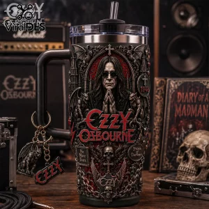 Ozzy Osbourne Prince of Darkness embossed 40oz handle tumbler featuring 3D heavy metal iconography and gothic artwork.