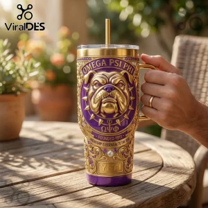 Omega Psi Phi Violet and Gold Bulldog YETI handle tumbler featuring a 3D embossed bulldog head, greek letters, and text.