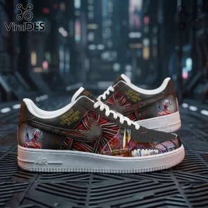 Iron Maiden Caught Somewhere In Time Air Force 1 sneakers featuring cyborg Eddie and neon city graphics on a dark leather base.