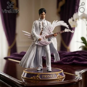 Prince The Vinyl Dove Collection white resin statue featuring the musician holding a winged guitar on a purple base.