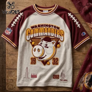 Washington Commanders Mascot Embossed Shirt with burgundy sleeves and hog cartoon graphic on cream fabric.