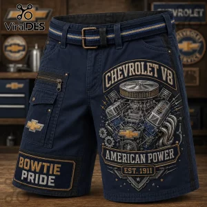 Chevrolet Bowtie Pride Vintage Engine Utility Shorts featuring a navy blue fabric with an American V8 engine graphic print.