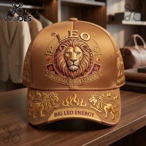 Gold Leo Zodiac Embroidered Baseball Cap featuring a 3D lion face, astrological symbols, and text on a metallic fabric.
